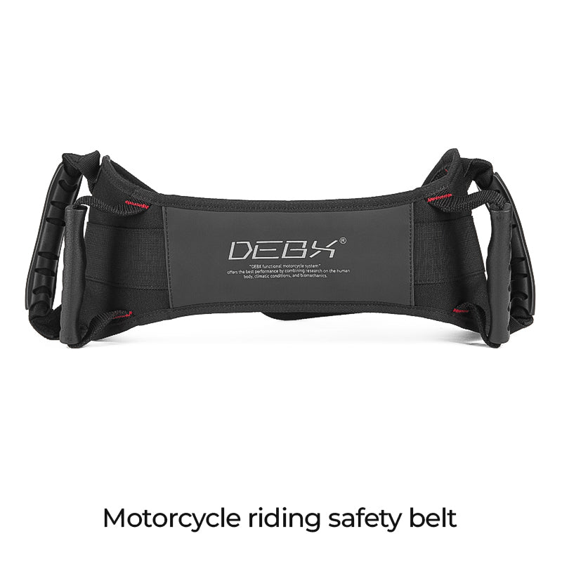Bean's Moto Booth DEBX™ motorcycle passenger grab waist strap showing adjustable safety gear in black with SKU01 label.
