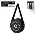 Barbell-shaped Bean's Moto Booth gym bag designed for motorcycle riders, featuring a durable, compact storage solution for active use.
