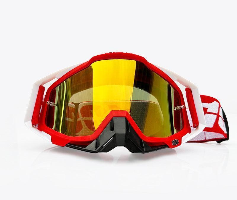 Bean's Moto Booth 100%™ off-road motorcycle goggles with clear lenses and adjustable strap, designed for motocross and off-road riding.