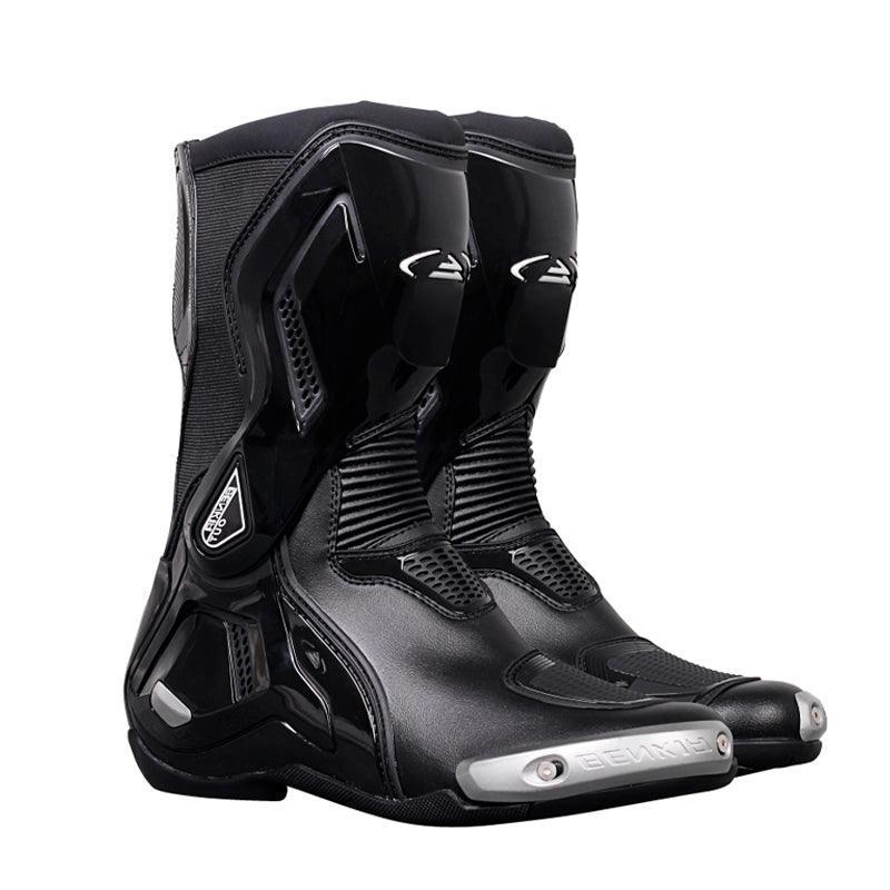 Bean's Moto Booth BENKIA™ Titanium Alloy motorcycle riding boots, black leather with protective titanium alloy accents.