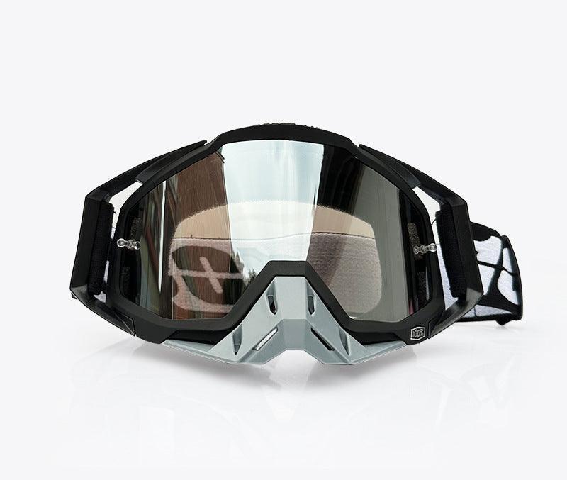Bean's Moto Booth 100%™ motorcycle off-road goggles with clear lens, adjustable strap, and protective frame for off-road riding.