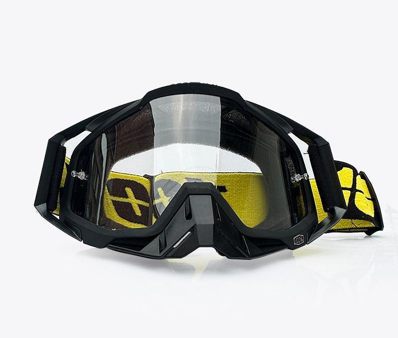 Bean's Moto Booth 100%™ motorcycle off-road goggles with clear lenses, adjustable strap, and durable frame for off-road riding.