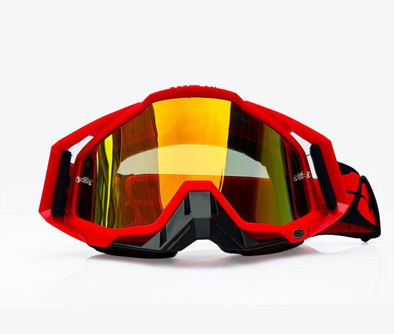 Bean's Moto Booth 100% off-road motorcycle goggles with clear lens and adjustable strap, designed for motocross and off-road riding.