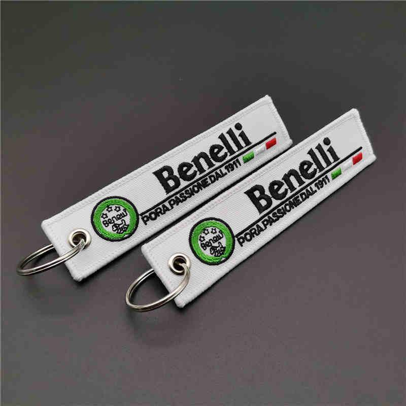 Embroidered motorcycle brand keychain decor featuring Bean's Moto Booth logo on a fabric keychain.