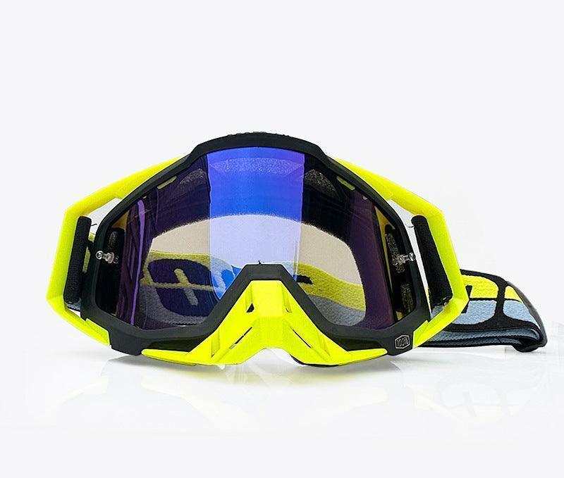 Bean's Moto Booth 100% motorcycle off-road goggles with clear lenses and adjustable strap for motocross and dirt biking adventures.