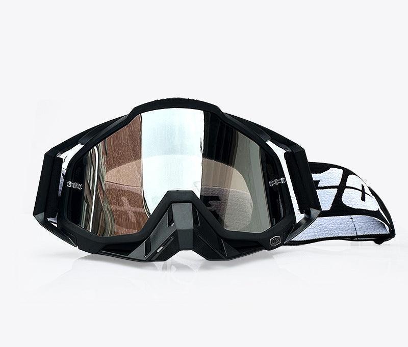 Bean's Moto Booth 100% off-road motorcycle goggles with clear lenses and adjustable strap, designed for motocross and off-road riding.
