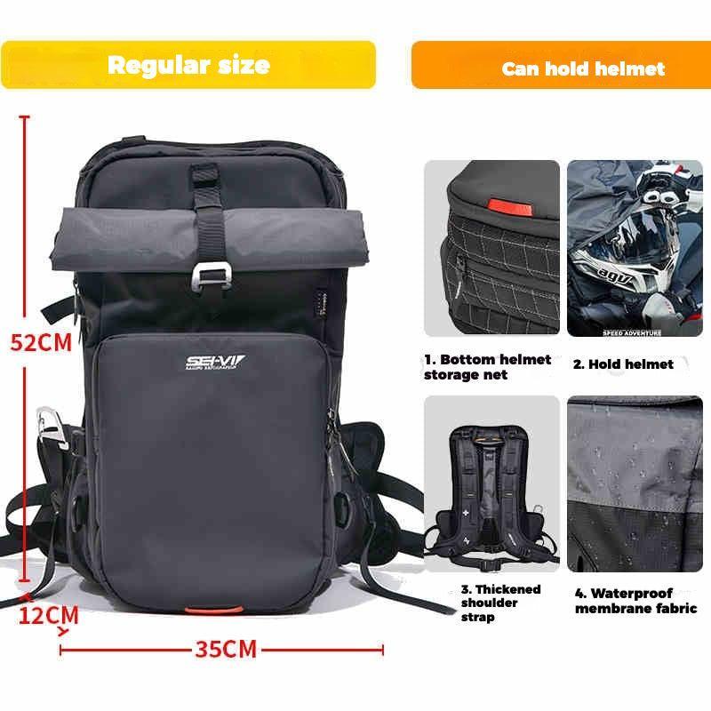 Seivi™ motorcycle touring tactical camping backpack in black with multiple compartments and adjustable straps, designed for motorcycle travel.