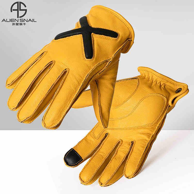 Bean's Moto Booth Alien Snail touchscreen-compatible sheepskin motorcycle gloves with reinforced knuckles and soft lining.