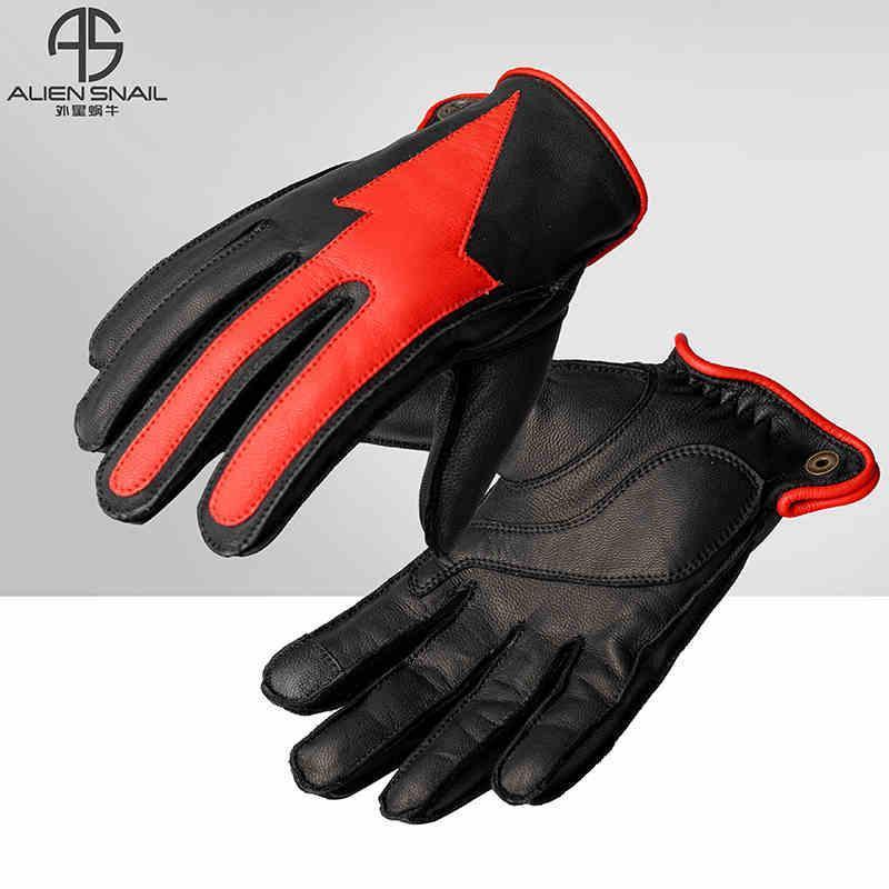 Black ALIEN SNAIL™ touchscreen-compatible sheepkin motorcycle gloves with reinforced palms and snug fit, designed for riding comfort.