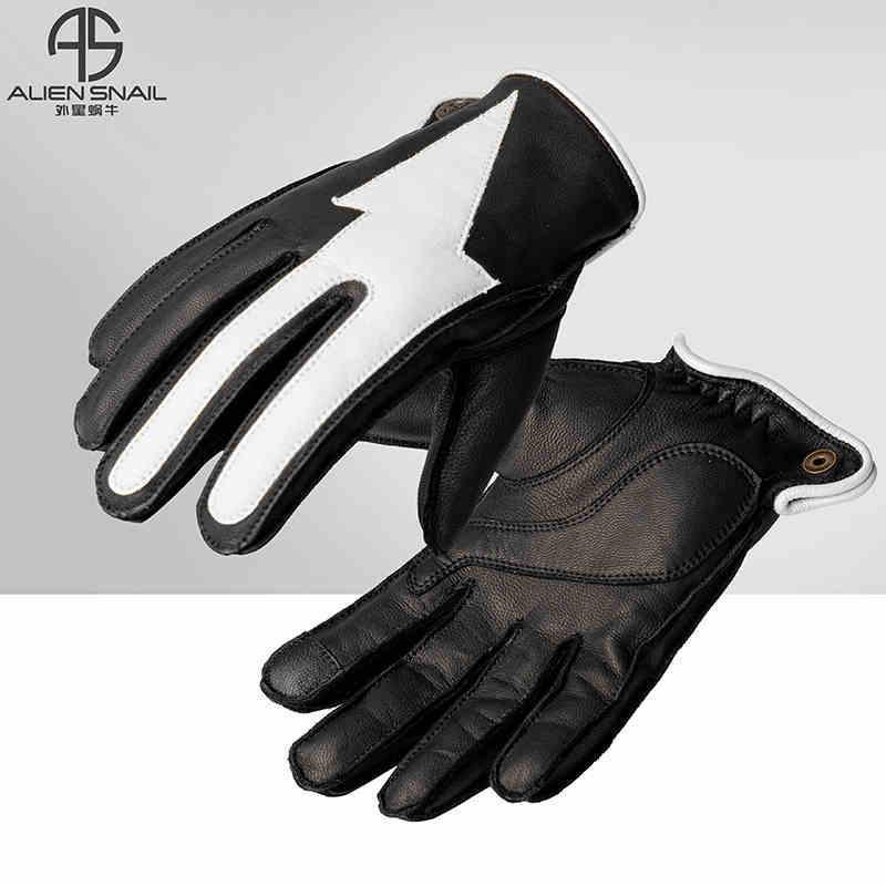 Black ALIEN SNAIL™ touchscreen-compatible sheepskin motorcycle gloves with reinforced palms and knuckles, designed for riding comfort and protection.