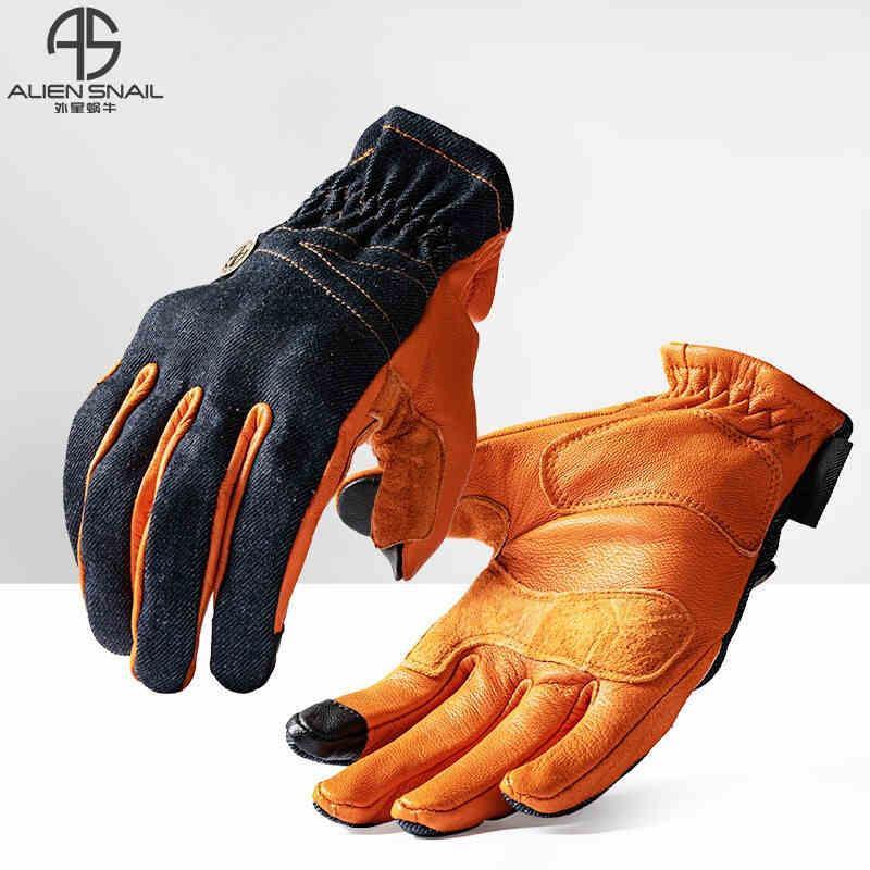 Black ALIEN SNAIL™ touchscreen-compatible sheepskin motorcycle gloves by Bean's Moto Booth, showing the sleek leather design and reinforced palms.