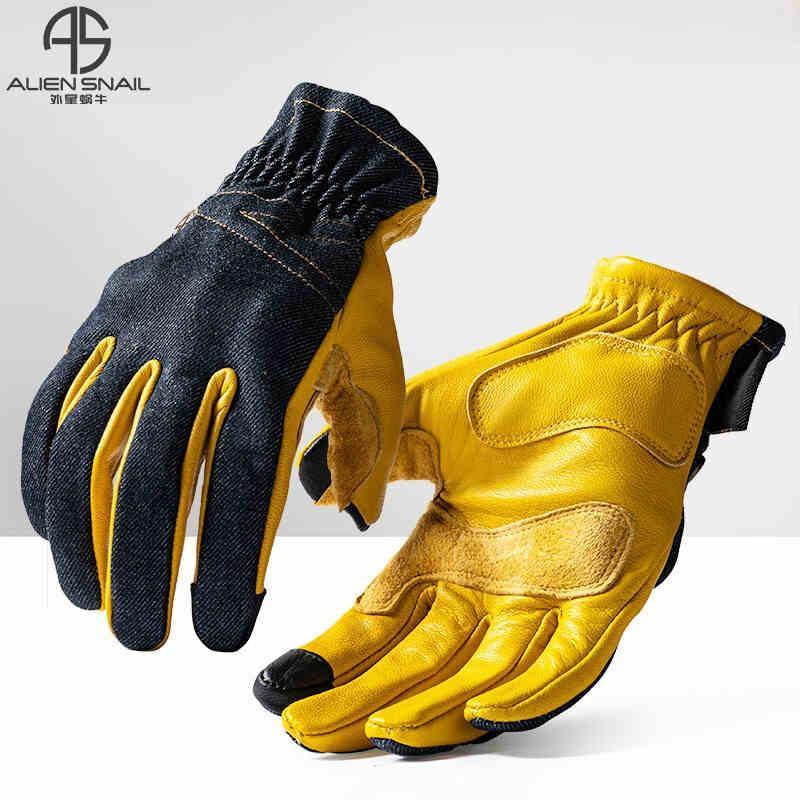 Black ALIEN SNAIL™ motorcycle gloves by Bean's Moto Booth featuring touchscreen-compatible sheepskin material and secure wrist straps.