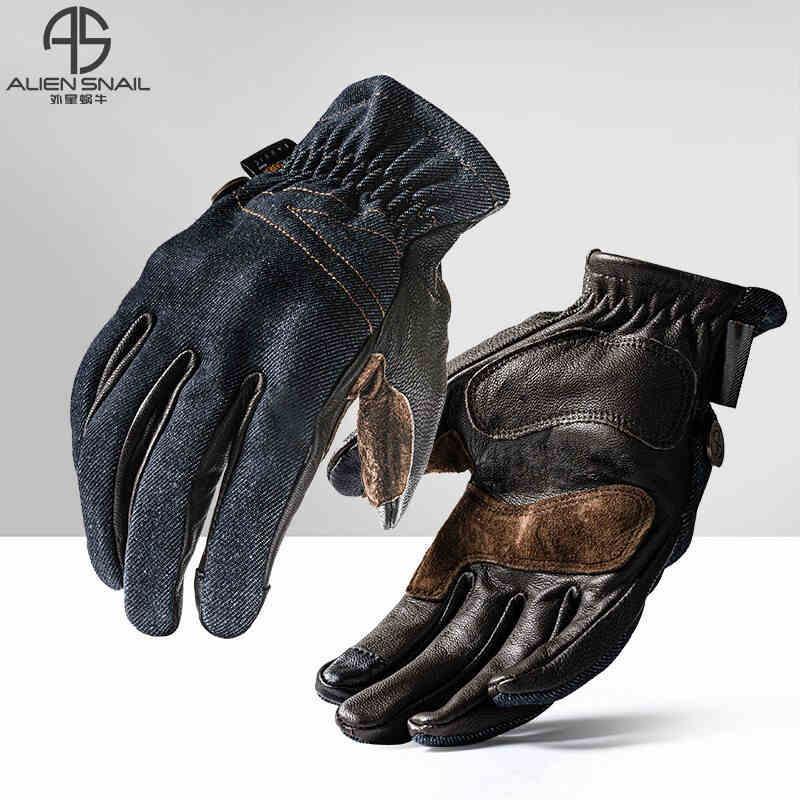 Bean's Moto Booth Alien Snail™ touchscreen-compatible sheepskin motorcycle gloves with reinforced palms and adjustable wrist straps.