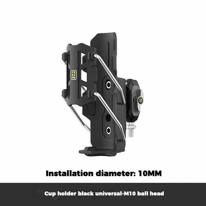 Bean's Moto Booth SMNU™ motorcycle adaptive anti-slip water bottle holder attached to motorcycle handlebar for secure hydration.