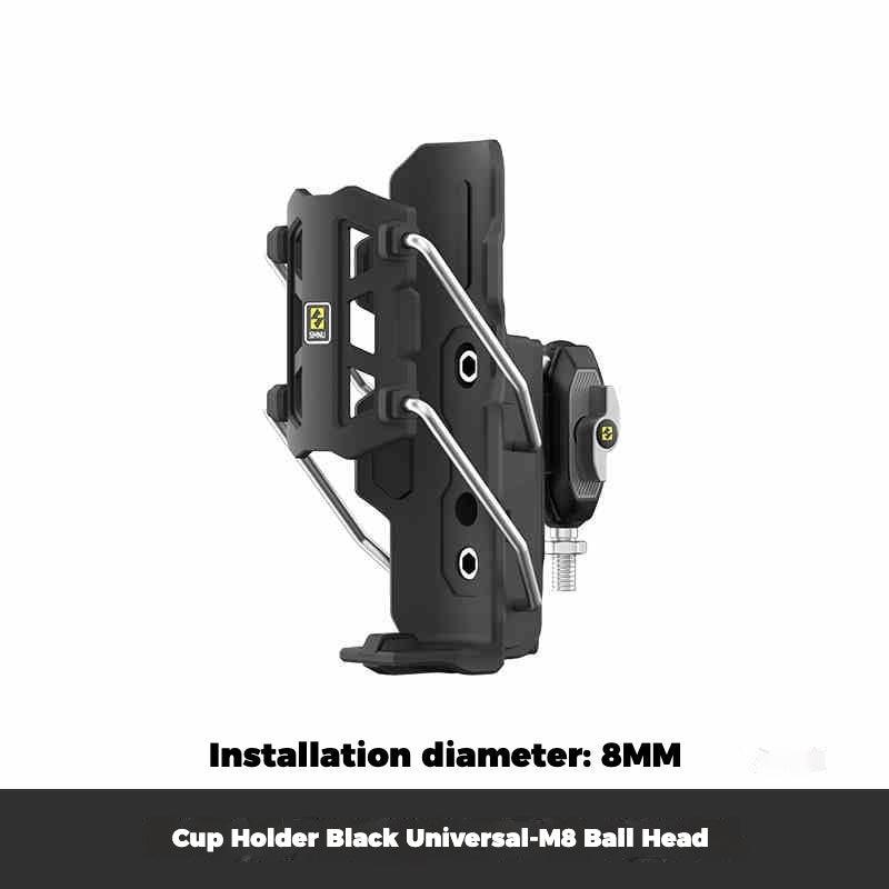 Bean's Moto Booth SMNU™ motorcycle adaptive anti-slip water bottle holder attached to motorcycle handlebar with secure grip and water bottle inside