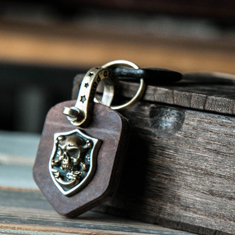 Handcrafted leather heavy metal motorcycle keychain featuring a rugged decor design by Bean's Moto Booth.