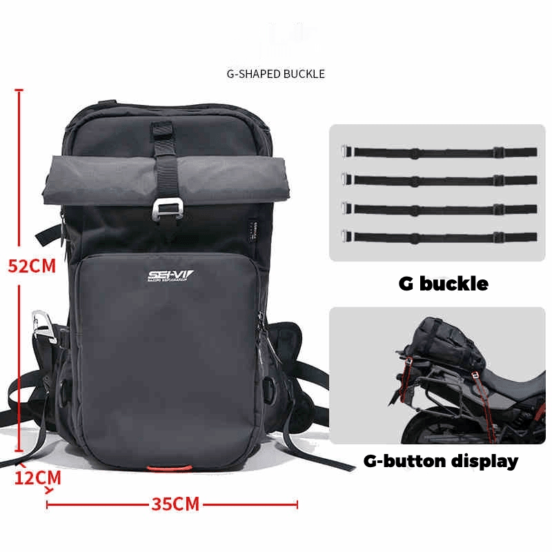 Seivi™ motorcycle touring tactical camping backpack with multiple compartments and adjustable straps for motorcycle riding adventures.