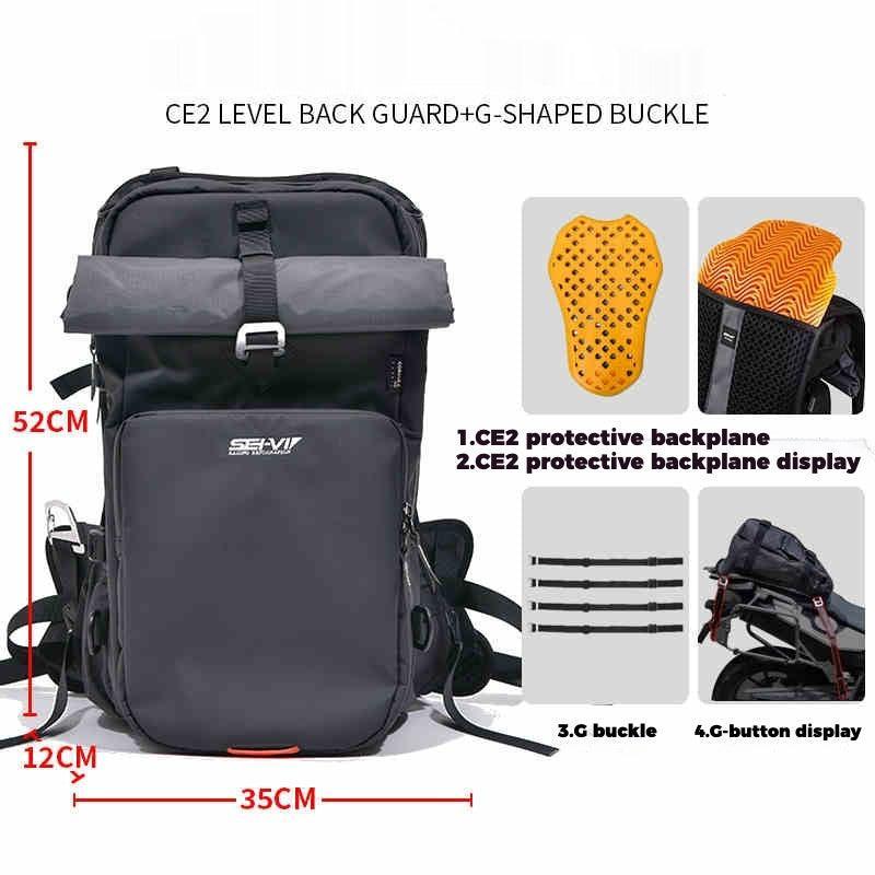 Bean's Moto Booth SEIVI™ motorcycle touring tactical camping backpack with multiple compartments and adjustable straps in black.