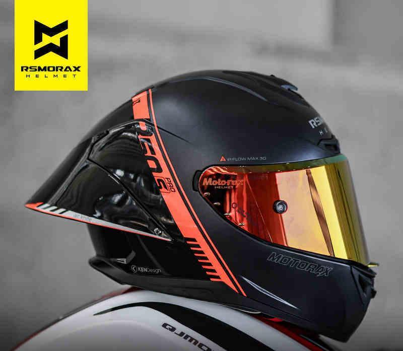 Bean's Moto Booth RSMORAX™ R50S PRO motorcycle riding helmet with a sleek black design and clear visor.