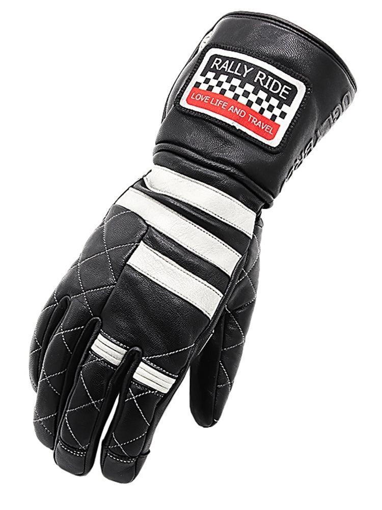 Vintage winter motorcycle riding gloves by UGLYBROS™ from Bean's Moto Booth, showing black leather gloves with ribbed cuffs.