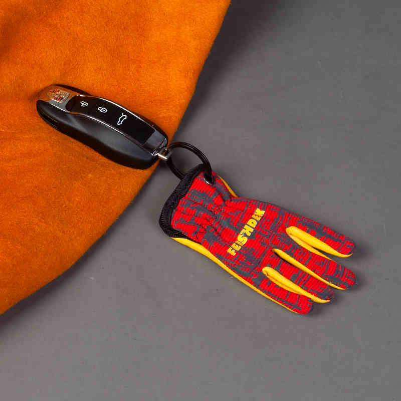 Vintage handcrafted leather motorcycle glove keychain decor with metal ring and stitching details from FEISHDEK™ by Bean's Moto Booth.