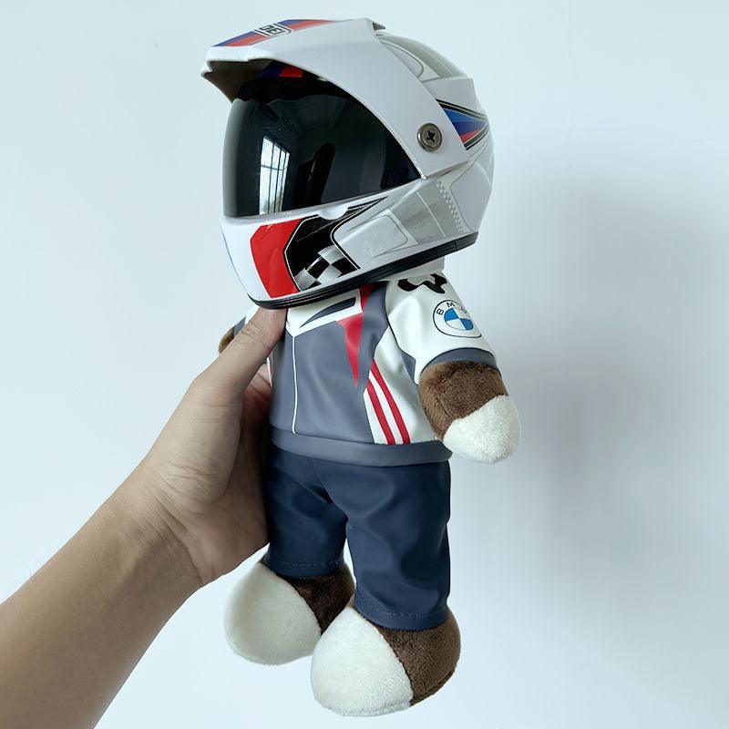 Decor motorcycle-themed bear helmet figurine from Bean's Moto Booth, detailed bear wearing a motorcycle buddy helmet, ideal for decor.