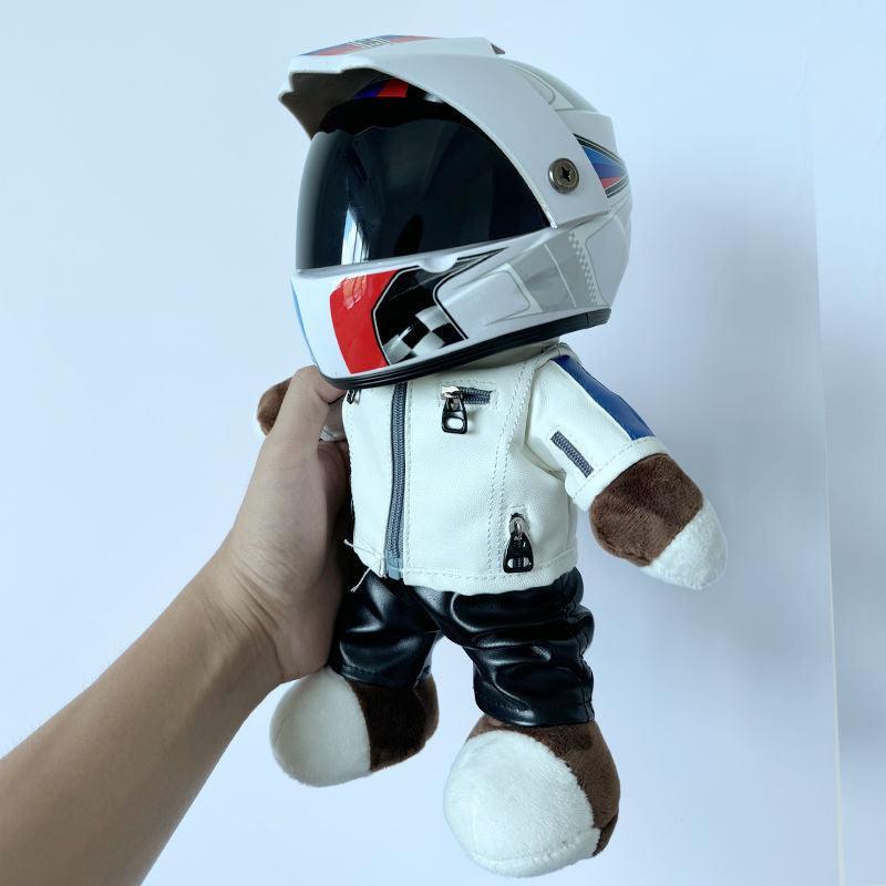 Decor motorcycle-themed bear helmet figurine from Bean's Moto Booth, designed as a playful motorcycle buddy decor piece.