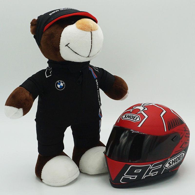 Decor motorcycle buddy helmet bear figurine by Bean's Moto Booth, featuring a cute bear wearing a motorcycle helmet.