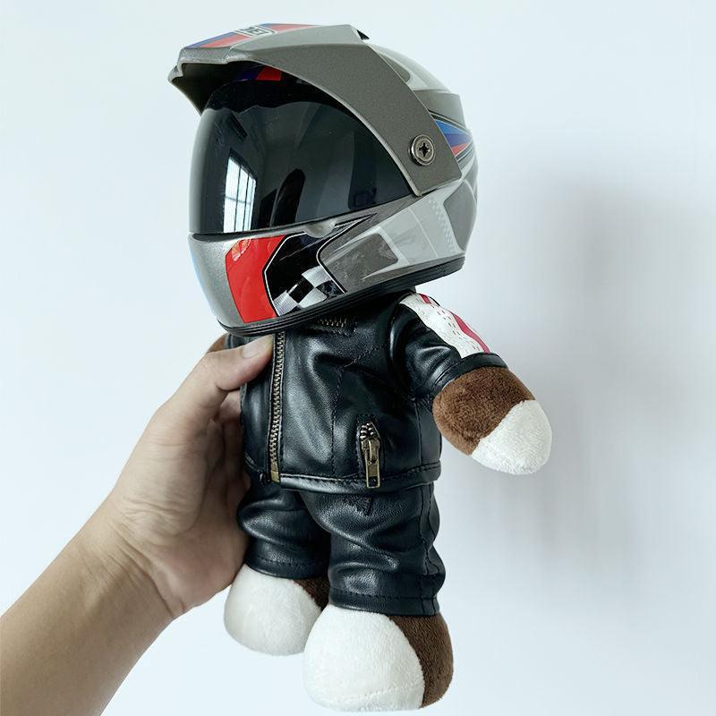 Decor motorcycle-themed Buddy Helmet Bear figurine by Bean's Moto Booth, featuring a bear wearing a miniature motorcycle helmet.