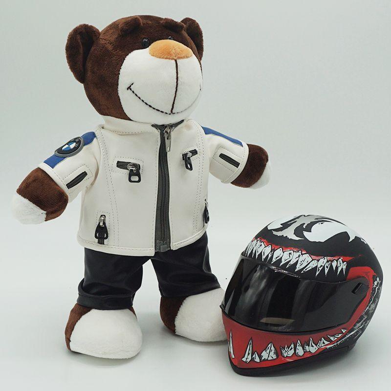 Decor motorcycle buddy helmet bear figurine by Bean's Moto Booth, featuring a cute bear wearing a mini motorcycle helmet.