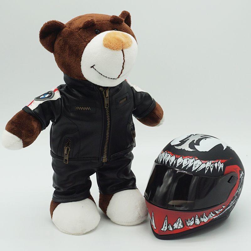 Decor motorcycle buddy helmet bear figurine by Bean's Moto Booth, featuring a cute bear wearing a motorcycle helmet for display.