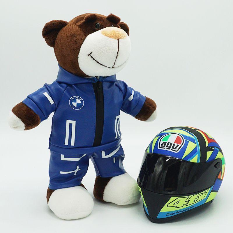 Decorative motorcycle-themed bear helmet figure by Bean's Moto Booth, designed as a playful motorcycle buddy decor piece.