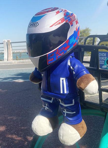 Decorative motorcycle buddy helmet bear figure by Bean's Moto Booth, featuring a cute bear design with a motorcycle theme.