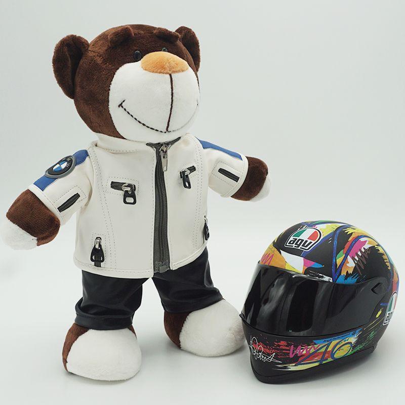 Decor motorcycle buddy helmet bear figurine by Bean's Moto Booth, detailed plush bear wearing a miniature motorcycle helmet.