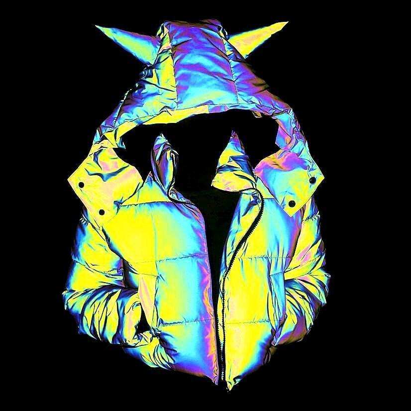 Rainbow reflective winter motorcycle jacket by Bean's Moto Booth with vibrant colors and reflective details for safety.