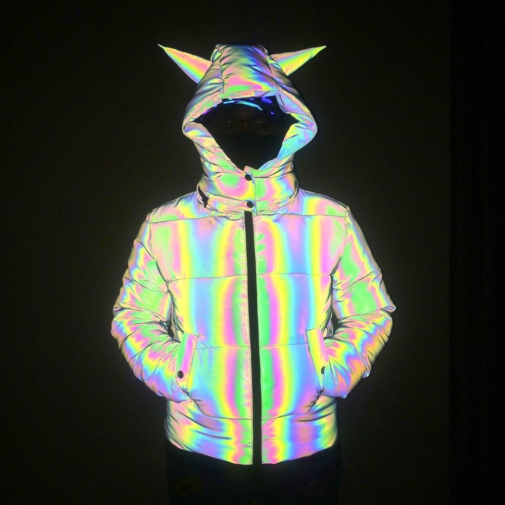 Rainbow reflective winter motorcycle jacket by Bean's Moto Booth with vibrant, high-visibility colors and sturdy winter protection.