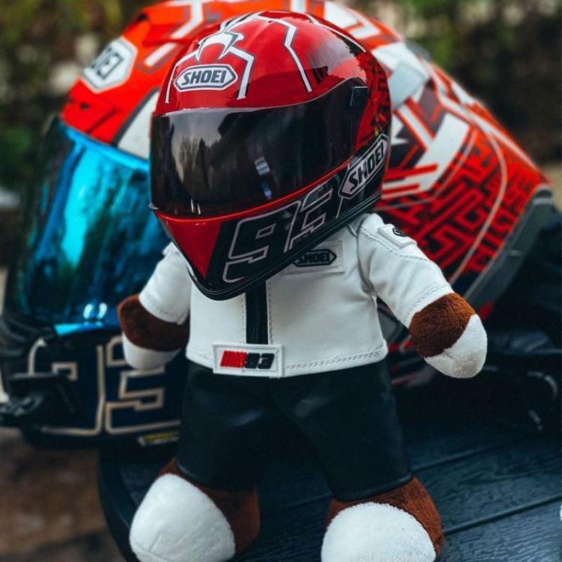 Decor motorcycle-themed bear helmet figure by Bean's Moto Booth, perfect as a fun motorcycle decor piece.