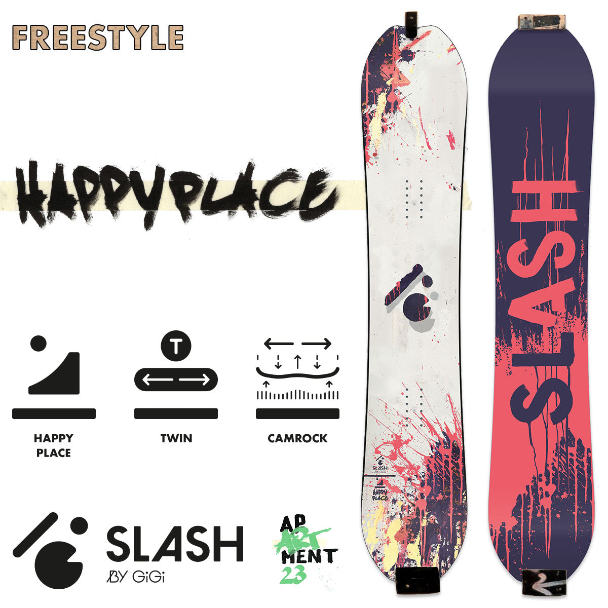 ZEITBIKE Slash by GiGi Happy Place Snowboard with blank top art, featuring a sleek design and snowboard shape.