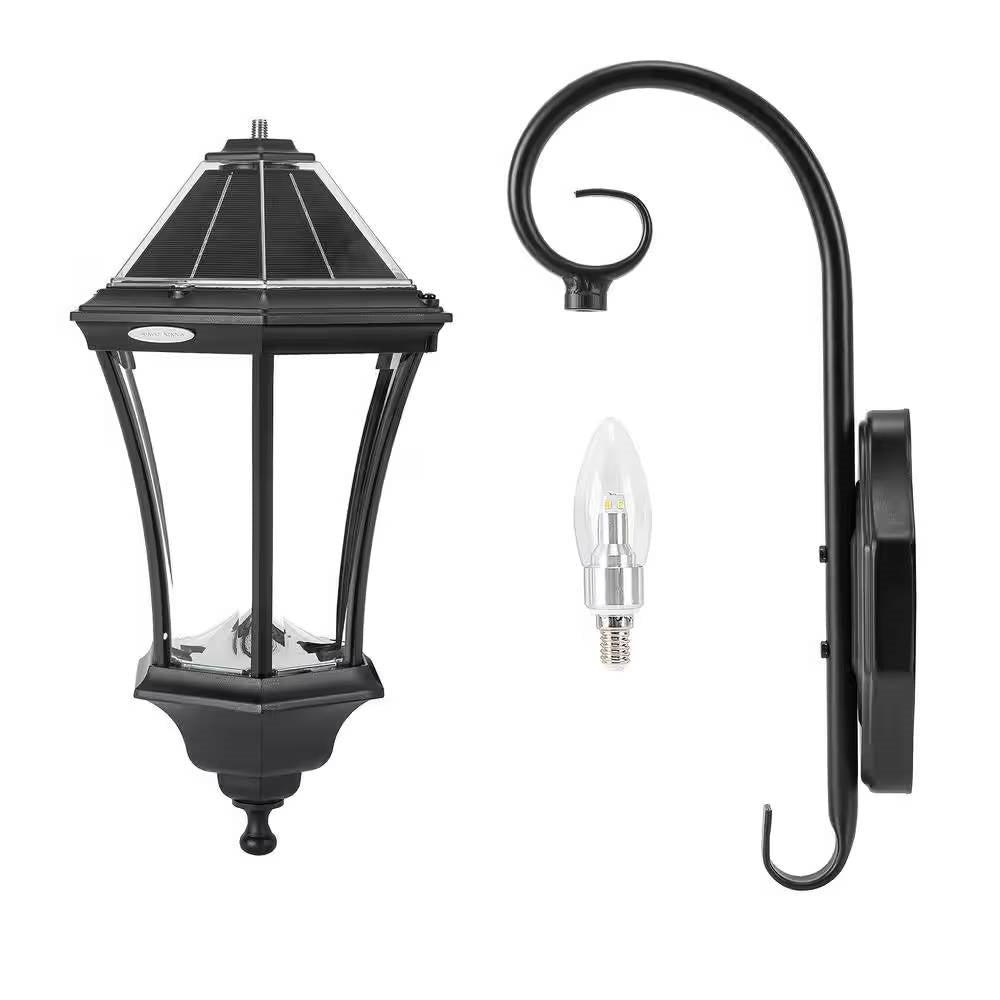 Black outdoor farmhouse solar wall light with 150 lumens, durable design, and modern style for outdoor lighting.