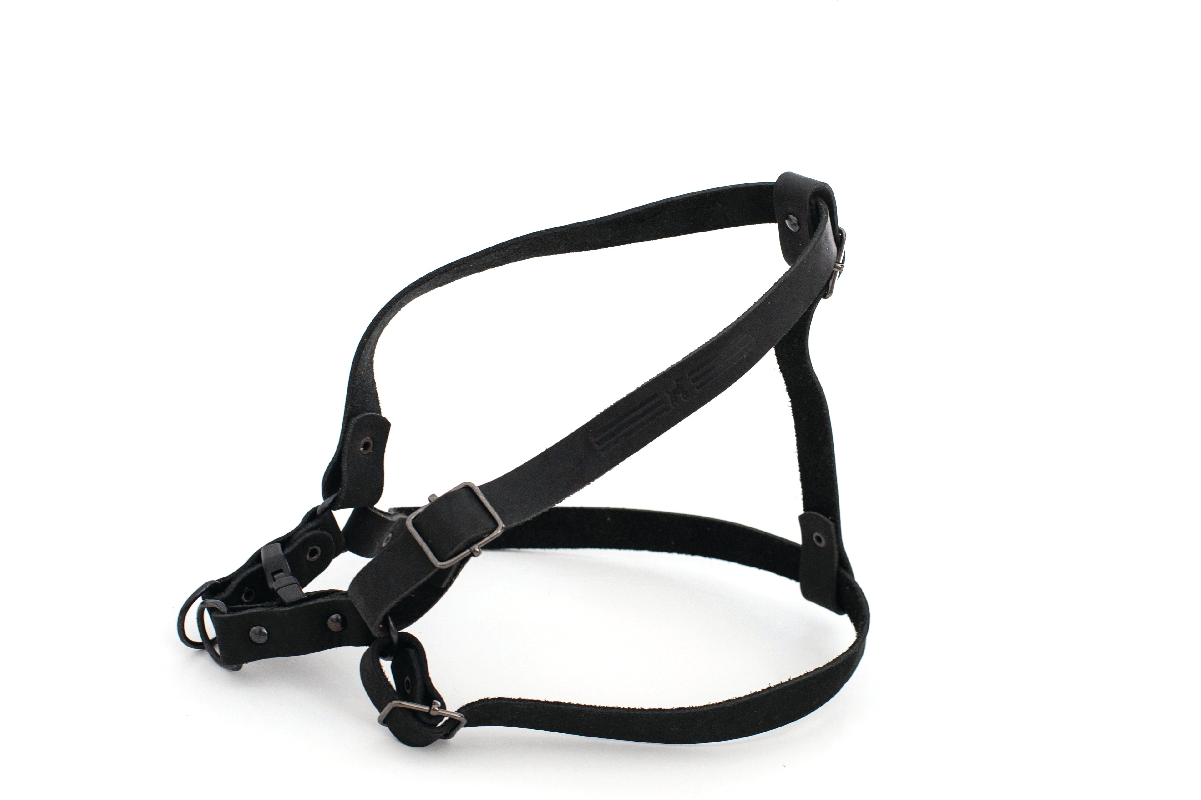 Black leather step-in dog harness by Euro-Dog, featuring a sporty design and durable quality for comfort and style.