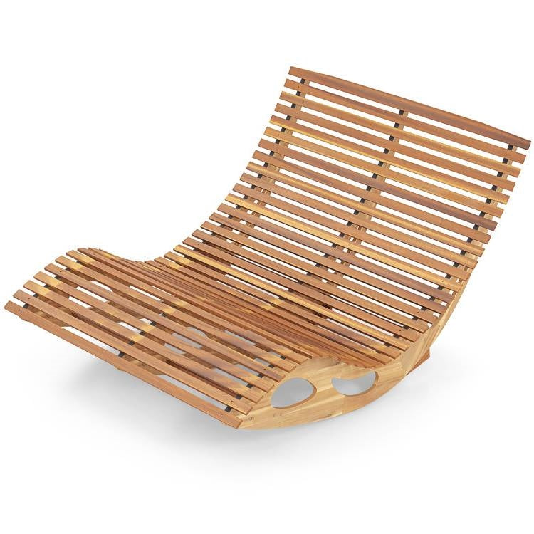 HomePacific 2-seater Adirondack slatted acacia patio rocker sunbed with wooden frame and comfortable design for outdoor relaxation.