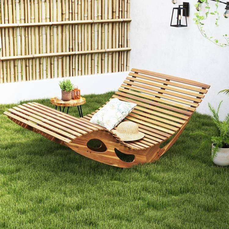 Two-seater Adirondack slatted acacia wood patio rocker sunbed by HomePacific, outdoor furniture for relaxing outdoors.