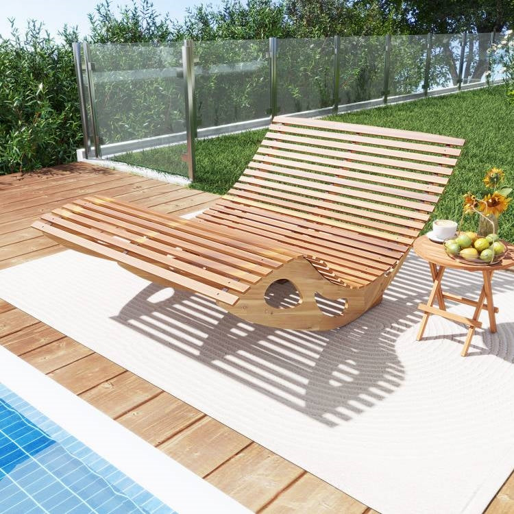 Two-seater Adirondack slatted acacia patio rocker sunbed by HomePacific, featuring a wooden wood lounger for outdoor relaxation.