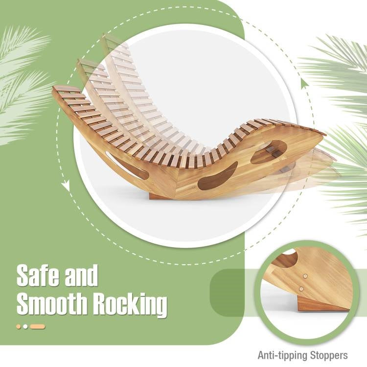 Two-seater Adirondack slatted acacia wood patio rocker sunbed, outdoor furniture, HomePacific brand, with curved armrests and slatted design.