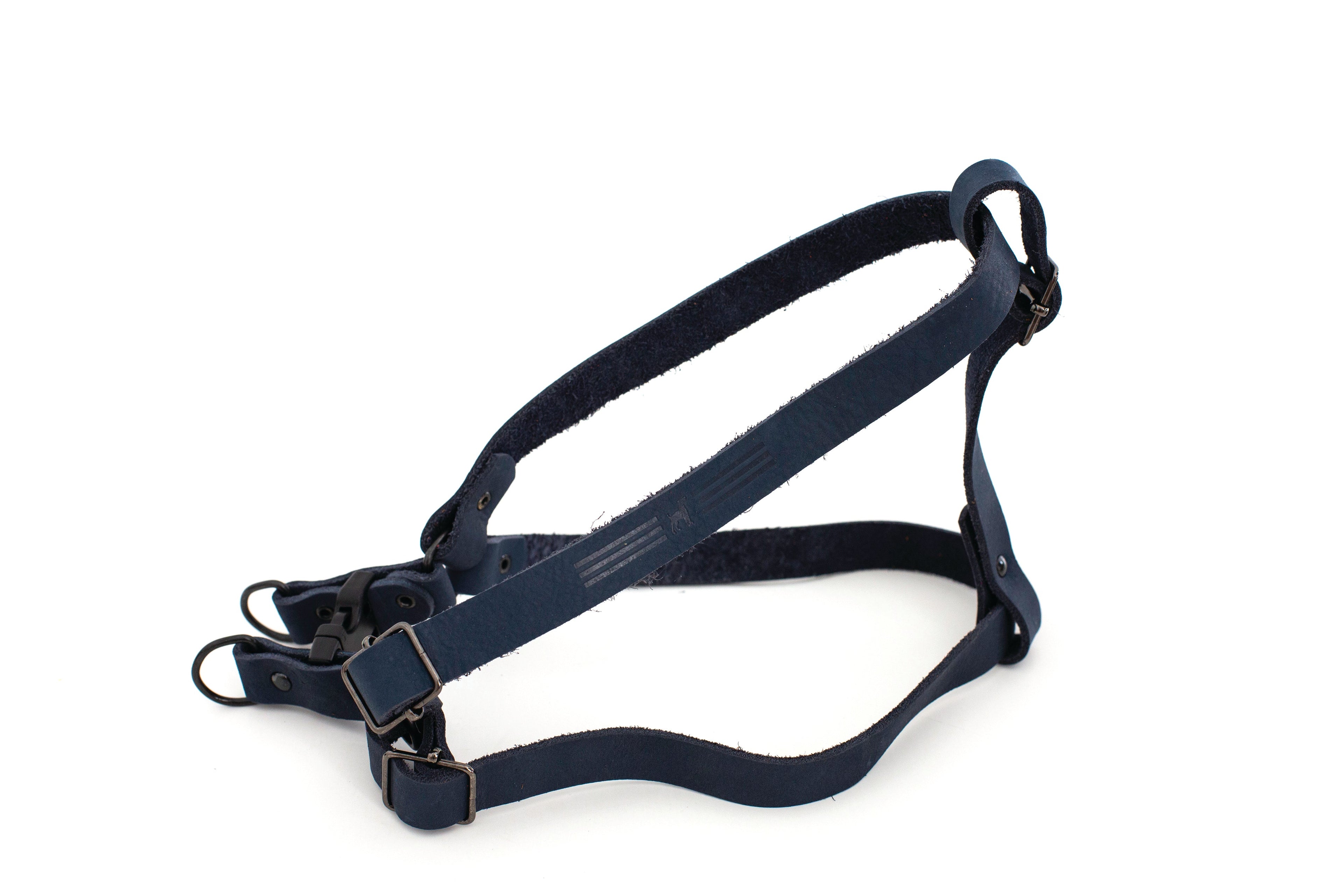 Navy leather dog harness by Euro-Dog, designed for comfort and style, featuring a step-in design for easy wear.