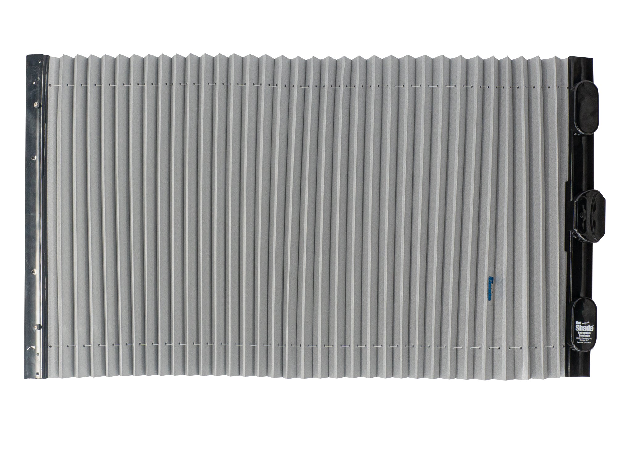 Open retracting sun and privacy shade for Bus, Vanagon, Eurovan by GoWesty, showing its fabric and mounting hardware.