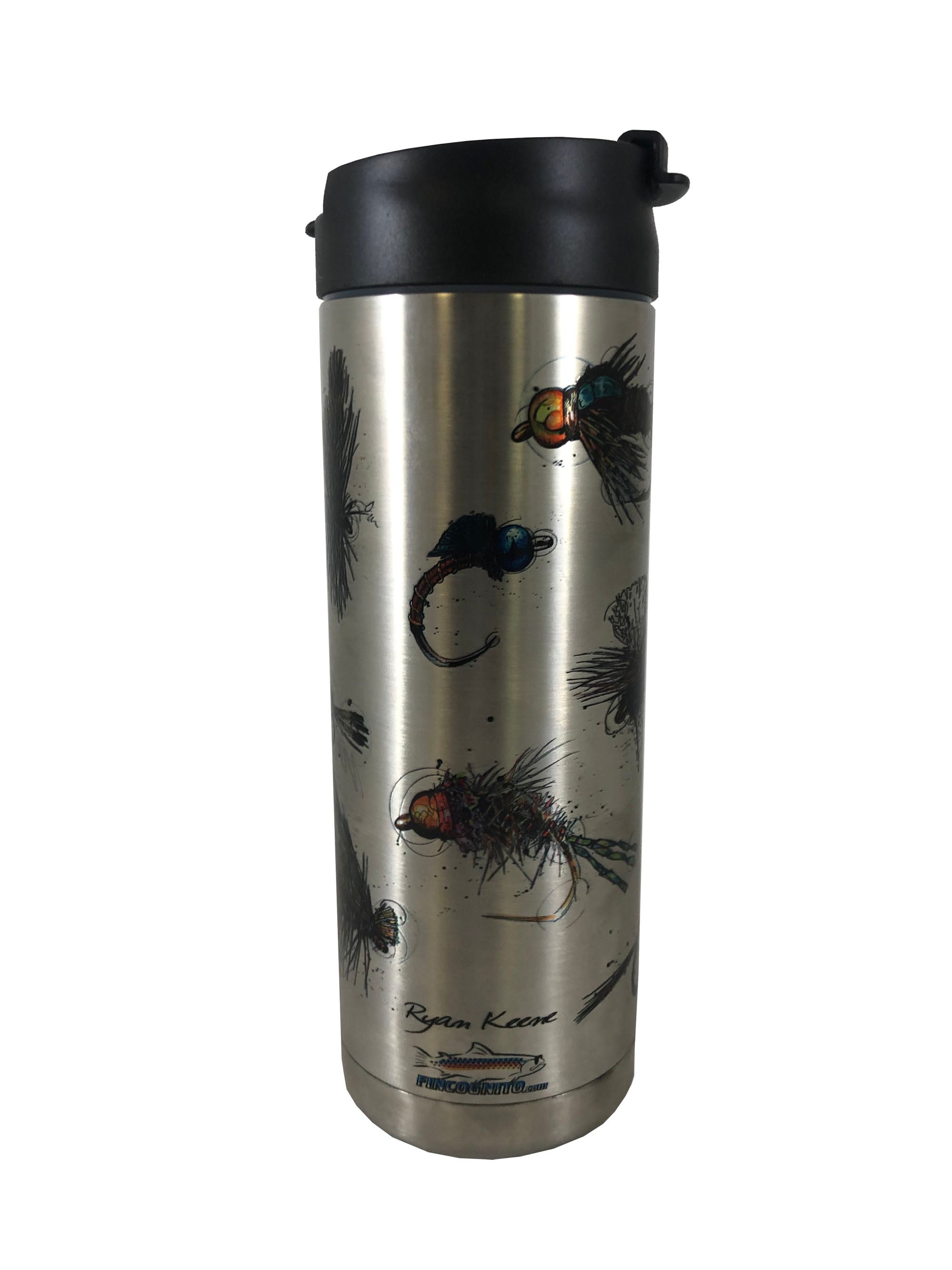 Stainless steel 20 oz. Flies hot and cold beverage bottle by Cognito Brands, Inc., with a design featuring flying insects on the back.