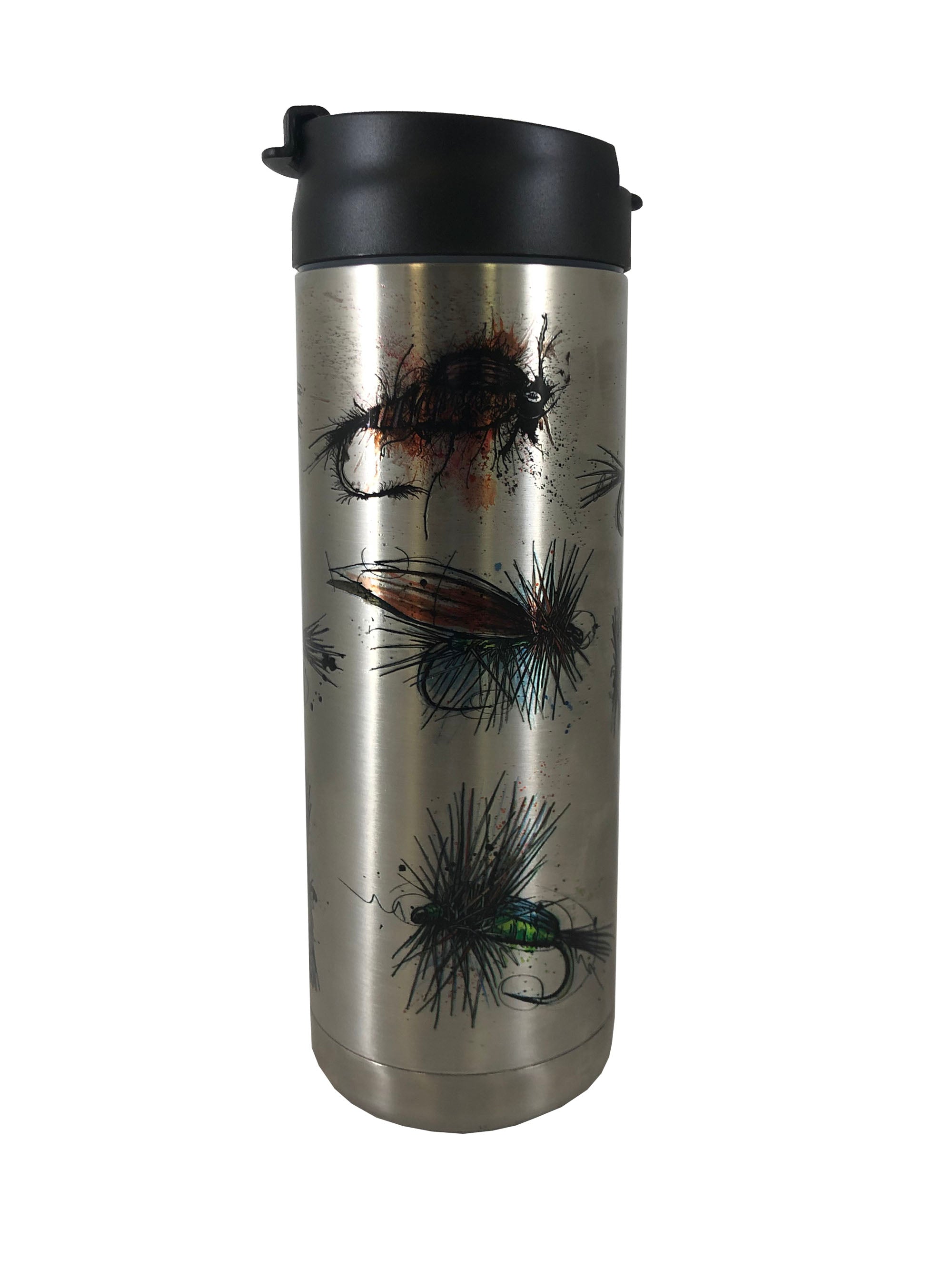 Stainless steel 20 oz. Flies Hot/Cold Beverage Bottle by Cognito Brands, Inc. with a fly design on the front.