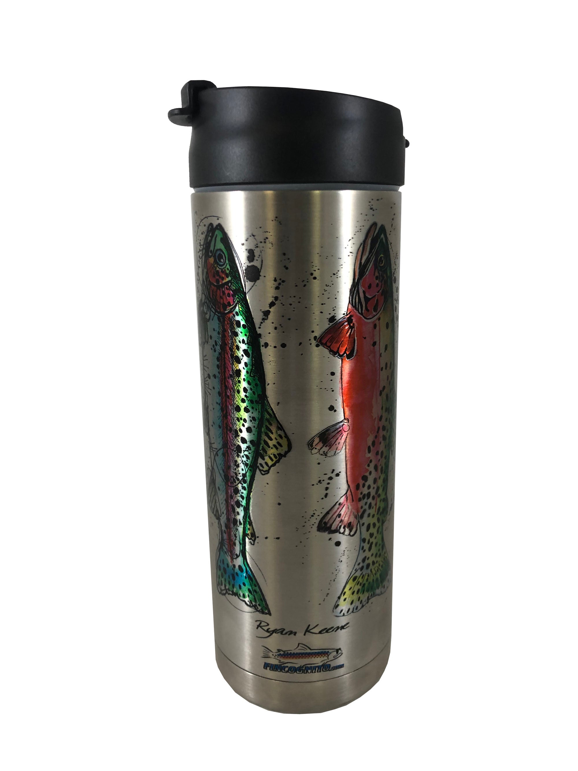 Stainless steel 20 oz. Grand Slam hot and cold beverage bottle by Cognito Brands with trout coffee design on the back.