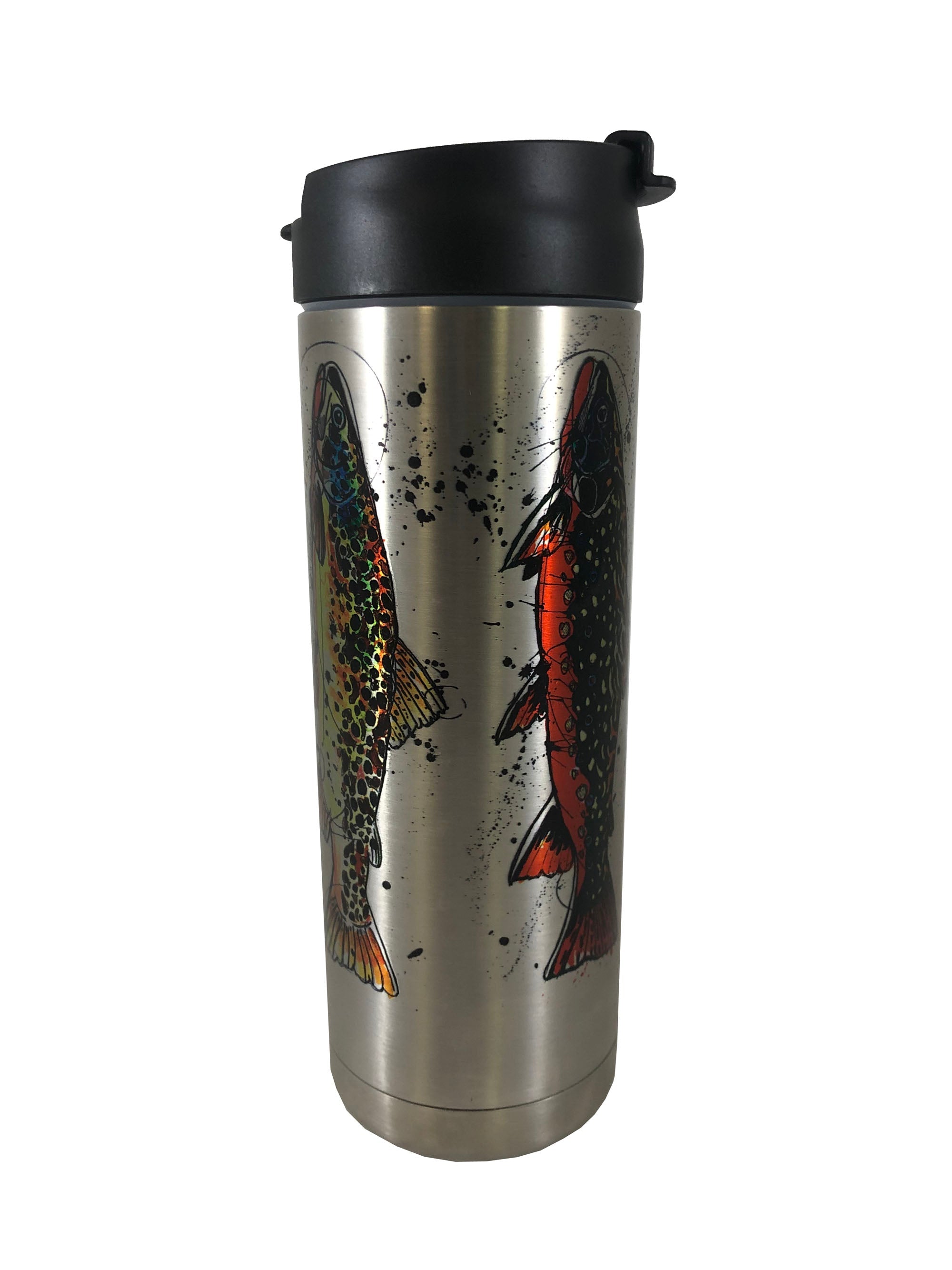 Stainless steel Grand Slam Hot/Cold Beverage Bottle by Cognito Brands, Inc., featuring a trout coffee design on the front.